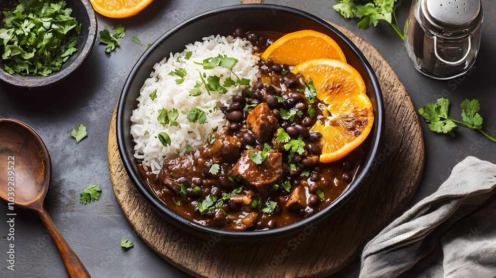 A Brazilian feijoada, a black bean stew with pork, served with rice and orange slices.
A Brazilian feijoada, a black bean stew with pork, served with rice and orange slices.