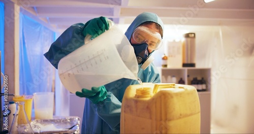 Foto Person, liquid and drugs at illegal lab for production, jug and bottle with gas mask, hazard or night