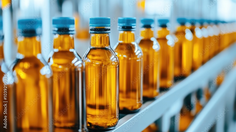 Close up view of a beverage filling machine operating on an automated production line in a modern bottling plant