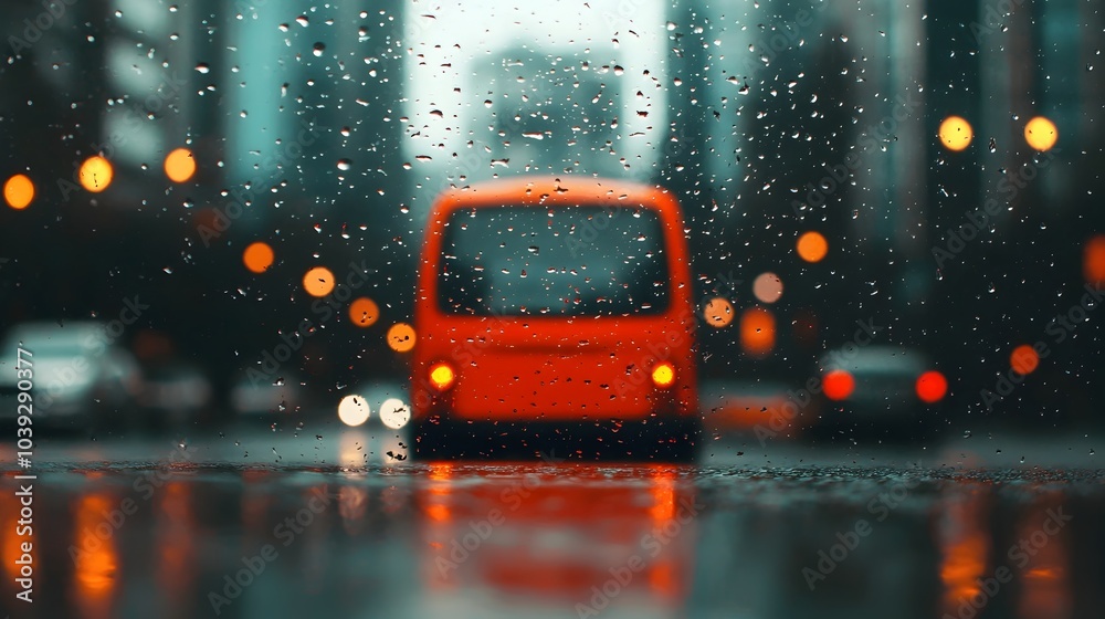 Rainy night cityscape with blurred rain splattered car windshield in the foreground creating an abstract atmospheric look Rainy night cityscape with blurred rain splattered car windshield in the foreground creating an abstract atmospheric look