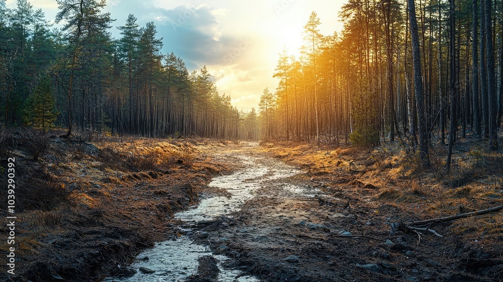 Sunset over a serene forest scene with a winding stream and tranquil atmosphere. Sunset over a serene forest scene with a winding stream and tranquil atmosphere.