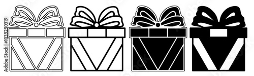 Black and white illustration of a gift box. Gift box icon collection with line. Stock vector illustration.