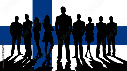 Silhouette of Businesswomen and Businessmen on a Finnish Flag