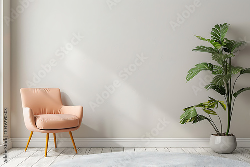 A pink armchair with gold legs sits in a minimalist living room with a large green plant in a white pot.