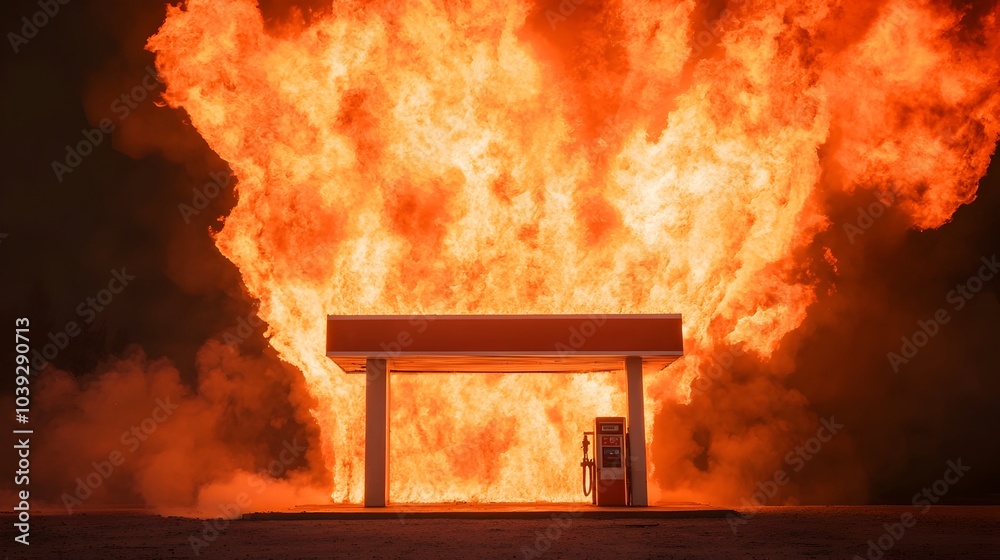 Raging Flames Engulf Gas Station on Town Outskirts Casting Ominous Glow in Sky Dramatic scene of a fiery disaster with intense heat and billowing smoke rising into the night sky Raging Flames Engulf Gas Station on Town Outskirts Casting Ominous Glow in Sky Dramatic scene of a fiery disaster with intense heat and billowing smoke rising into the night sky