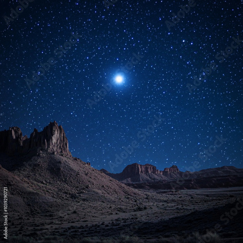 stars in n the night sky, the moon is bright and full, mountains in the desert