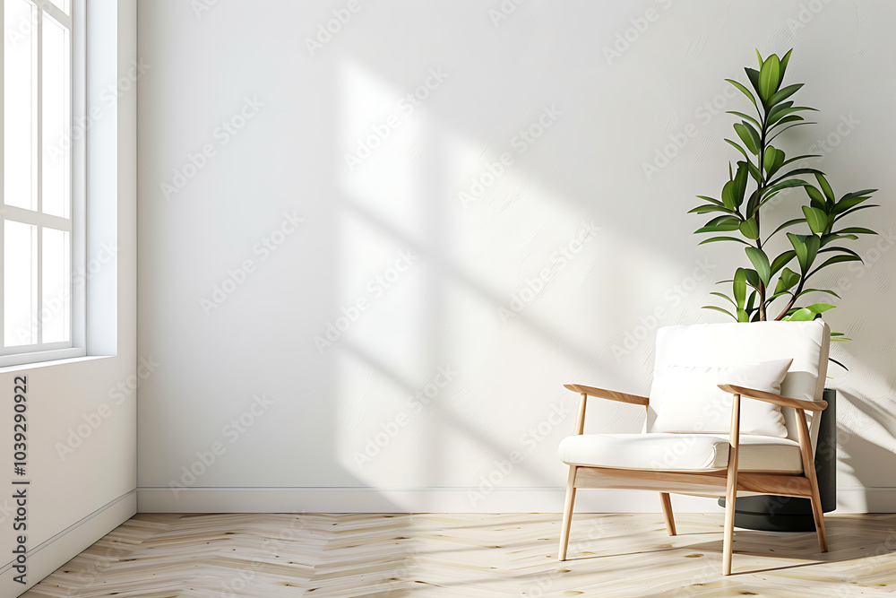 A white armchair with wooden legs sits in a bright, minimalist living room with sunlight streaming through a window. A white armchair with wooden legs sits in a bright, minimalist living room with sunlight streaming through a window.