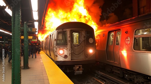 Dramatic scene of a raging fire erupting from a subway entrance sending billowing plumes of smoke into the dark night sky over a bustling urban cityscape
