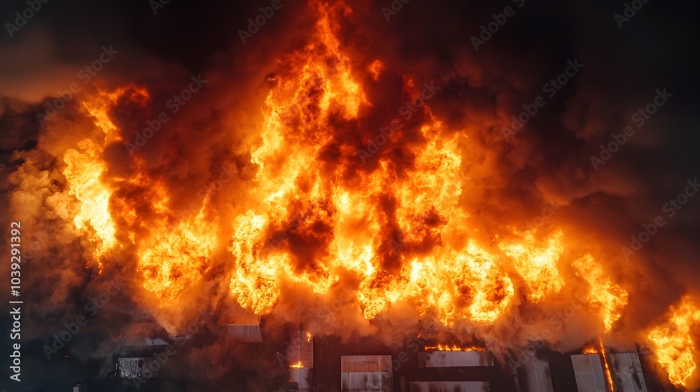 Intense Flames Engulfing Buildings and Machinery in a Smoke Shrouded Industrial Area During the Nighttime Hours Intense Flames Engulfing Buildings and Machinery in a Smoke Shrouded Industrial Area During the Nighttime Hours