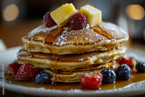 Stack of pancakes with syrup dripping down, topped with butter photo