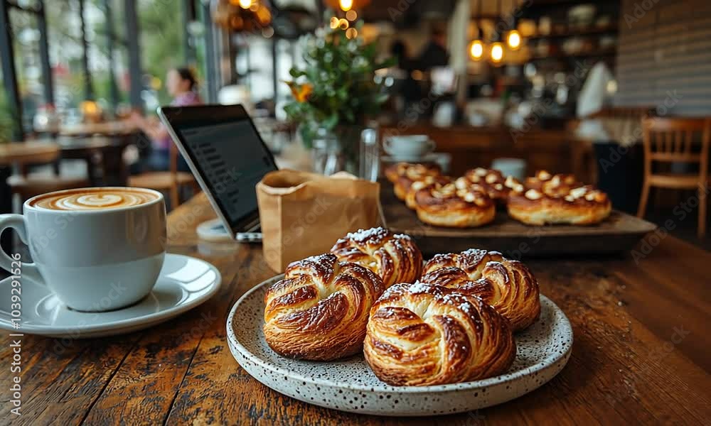 A cozy caf? scene featuring pastries and coffee. A cozy caf? scene featuring pastries and coffee.
