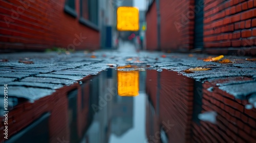 Mesmerizing neon reflections shimmering and dancing in rain filled puddles along a quiet serene city street after a fresh rainfall  Vibrant atmospheric urban landscape with a modern contemporary feel photo