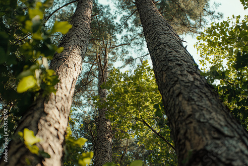 Tall trees with wild vines climbing up their trunks in a dense forest photo
