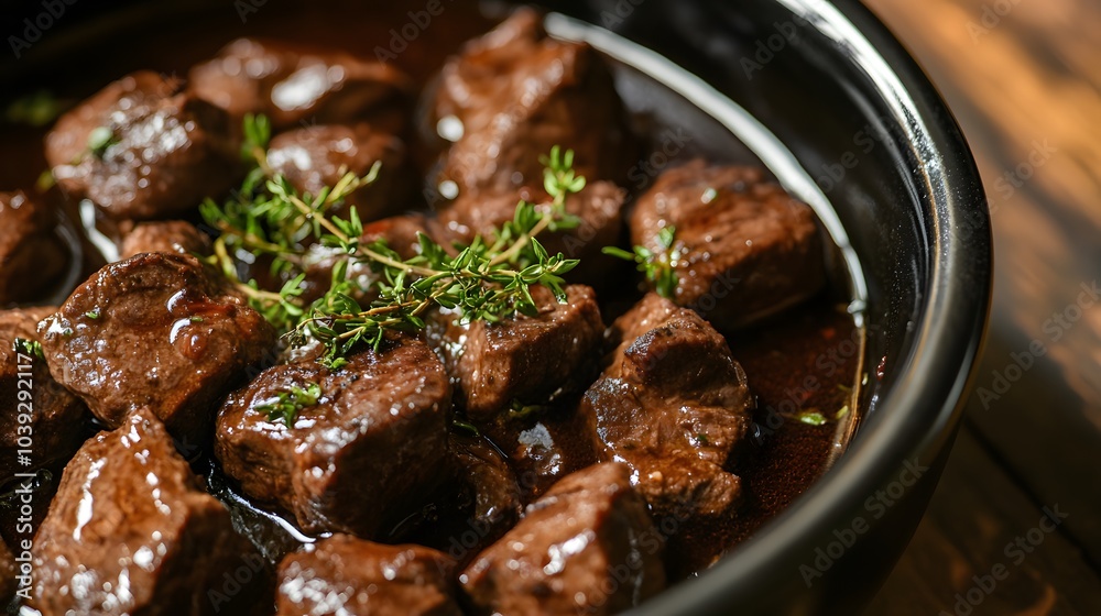 A dish of beef bourguignon, with tender beef stewed in red wine and herbs.
A dish of beef bourguignon, with tender beef stewed in red wine and herbs.