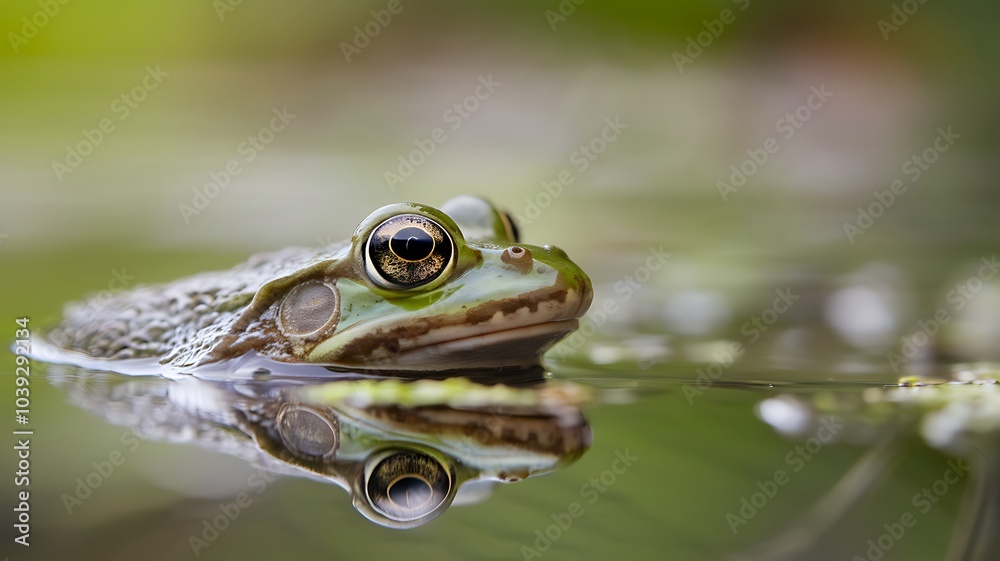 Close-up of a Green Frog with Bulging Eyes Partially Submerged in Water Close-up of a Green Frog with Bulging Eyes Partially Submerged in Water