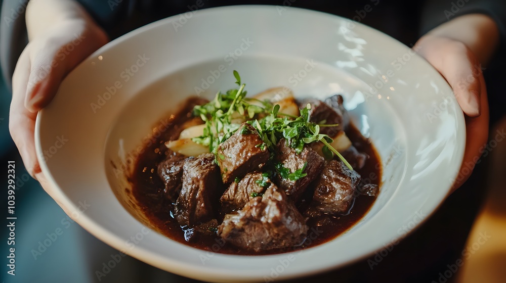 A dish of beef bourguignon, with tender beef stewed in red wine and herbs.
A dish of beef bourguignon, with tender beef stewed in red wine and herbs.
