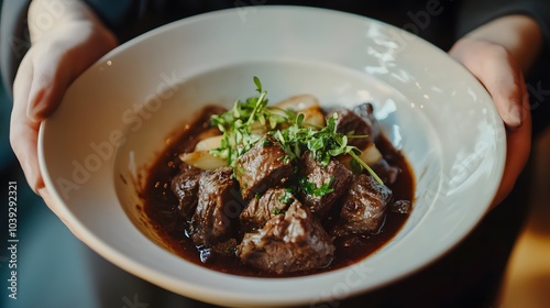 A dish of beef bourguignon, with tender beef stewed in red wine and herbs.