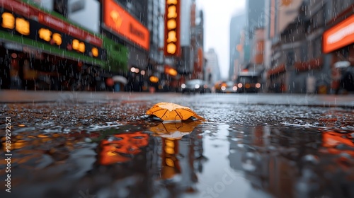 Mesmerizing neon illuminated cityscape with vibrant reflections on a wet pavement as rain continues to fall on a busy lively urban street scene  The moody atmospheric lighting and colorful