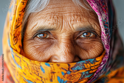 Portrait of an elderly woman wearing a colorful scarf, her eyes reflecting wisdom and kindness photo