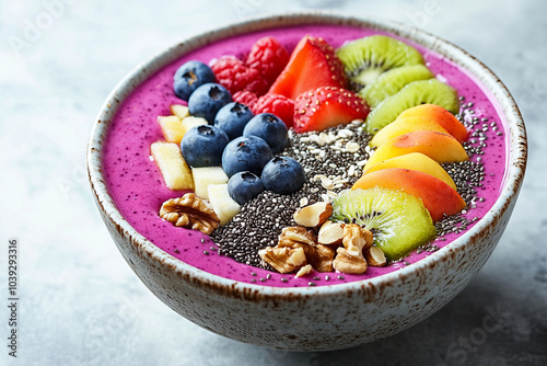 A colorful smoothie bowl topped with fresh fruits, nuts, and chia seeds photo