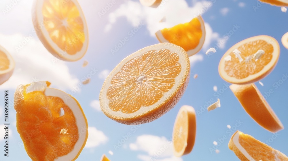 Sliced oranges floating in mid-air, each slice glowing softly as it hovers against a clear blue sky, with gentle clouds drifting by in the background. The oranges create a bright and cheerful.