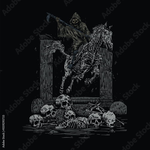 hand drawn death metal horse and grim reaper illustration