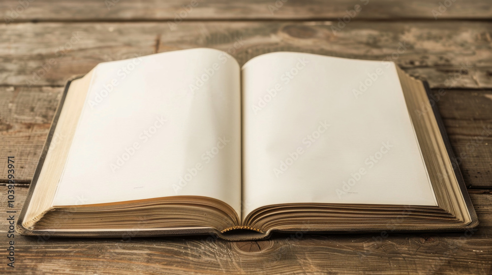 Open book with blank pages on a rustic wood table ready for custom text Open book with blank pages on a rustic wood table ready for custom text