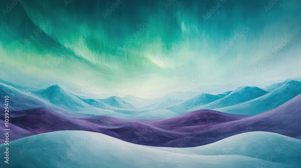 Obraz premium Abstract winter landscape, illuminated by pale glow of the northern lights above. The sky is filled with shades of green and purple, and the snow below reflects the light, creating a magical.