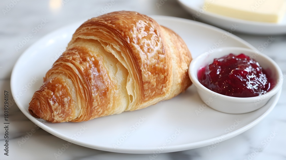 A flaky croissant, served with butter and jam on the side.
A flaky croissant, served with butter and jam on the side.