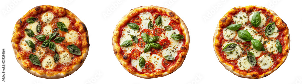 3D margherita pizzas with basil leaves isolated on transparent PNG background for food and Italian cuisine-themed illustrations 3D margherita pizzas with basil leaves isolated on transparent PNG background for food and Italian cuisine-themed illustrations