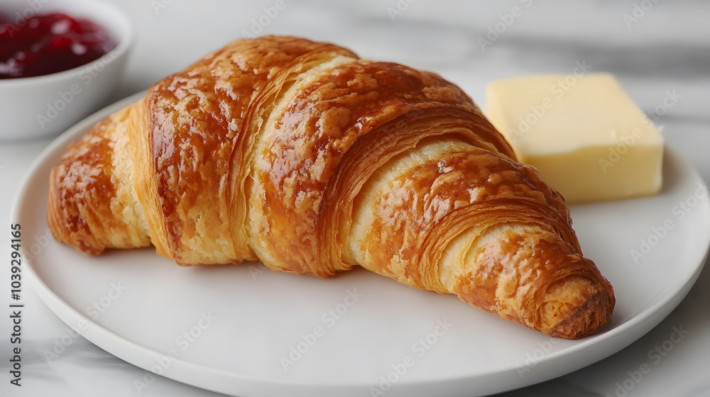A flaky croissant, served with butter and jam on the side.
A flaky croissant, served with butter and jam on the side.