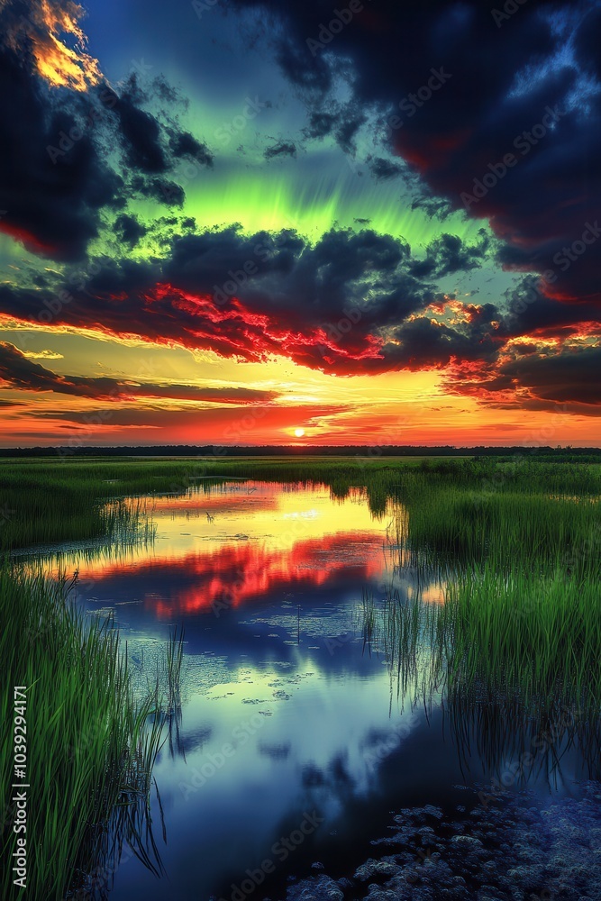 A stunning sunset reflecting on a tranquil water body, surrounded by lush greenery and dramatic clouds, showcasing nature's beauty. A stunning sunset reflecting on a tranquil water body, surrounded by lush greenery and dramatic clouds, showcasing nature's beauty.