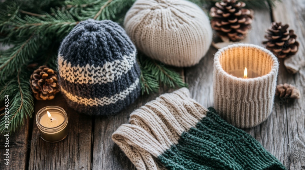 Cozy Playful Outfits on Rustic Wooden Background Cozy Playful Outfits on Rustic Wooden Background