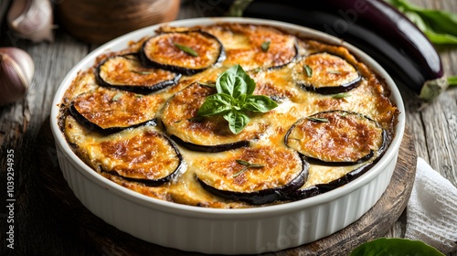 A Greek moussaka, with layers of eggplant, minced meat, and béchamel sauce.