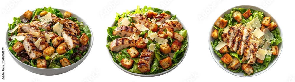 3D Caesar salads with grilled chicken isolated on transparent PNG background for healthy eating and food-themed designs 3D Caesar salads with grilled chicken isolated on transparent PNG background for healthy eating and food-themed designs