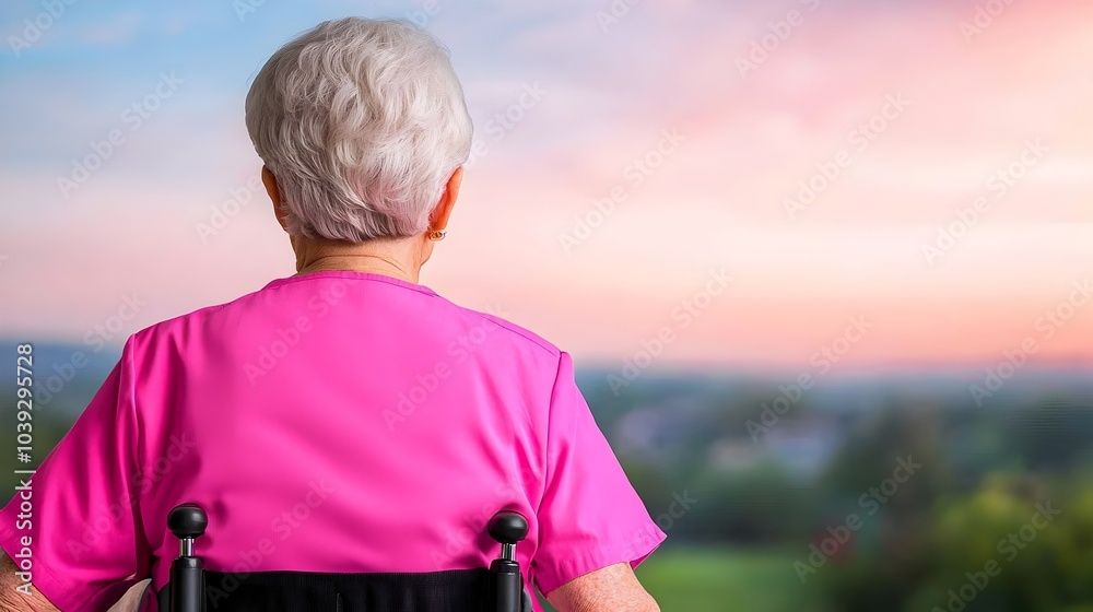 Fototapeta premium Caring nurse gently pushes a smiling senior woman in a wheelchair through a beautiful garden setting