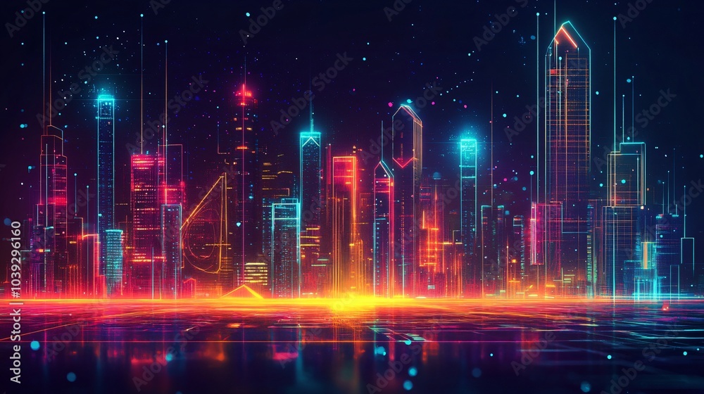 Futuristic city skyline with neon lights and glowing lines, reflecting on a dark surface.