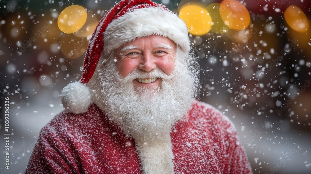 Happy Santa Claus in Snow with Festive Lights Happy Santa Claus in Snow with Festive Lights