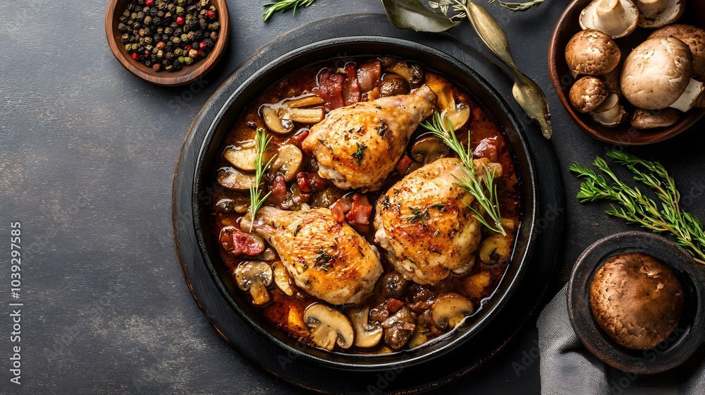 A serving of coq au vin, with chicken braised in red wine with mushrooms and bacon.
A serving of coq au vin, with chicken braised in red wine with mushrooms and bacon.