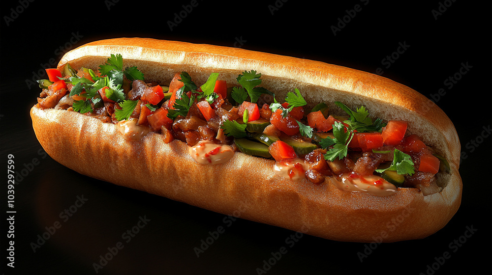 Vietnamese banh mi sandwich with pork, pickled vegetables, cilantro, and spicy mayo in a crusty baguette Vietnamese banh mi sandwich with pork, pickled vegetables, cilantro, and spicy mayo in a crusty baguette