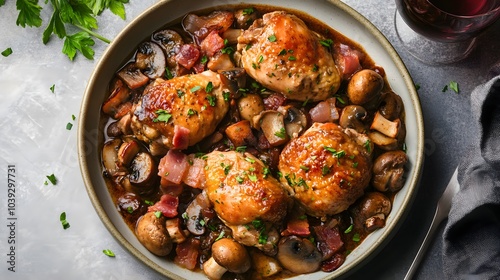 A serving of coq au vin, with chicken braised in red wine with mushrooms and bacon.