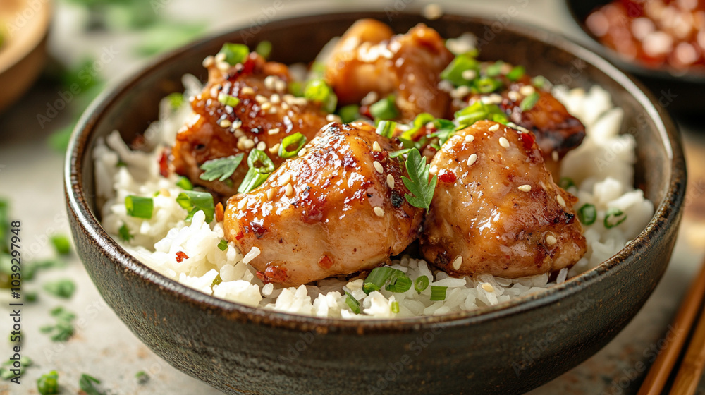 Filipino adobo with chicken, marinated in soy sauce, vinegar, garlic, and spices, served with white rice Filipino adobo with chicken, marinated in soy sauce, vinegar, garlic, and spices, served with white rice