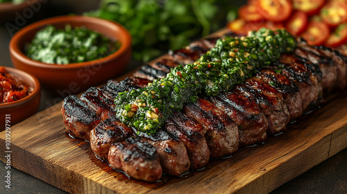 Argentinian asado with grilled meats, chorizo, and chimichurri sauce, served on a wooden board