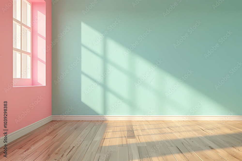 A minimalist room with a pink and teal wall and wooden floors. The sunlight streams through a window, casting soft shadows on the floor. This is a blank canvas ready for furniture and decor. A minimalist room with a pink and teal wall and wooden floors. The sunlight streams through a window, casting soft shadows on the floor. This is a blank canvas ready for furniture and decor.