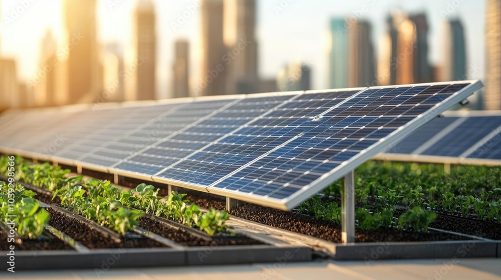 Fototapeta premium Solar panels on rooftop with urban skyline in the background, green plants below.