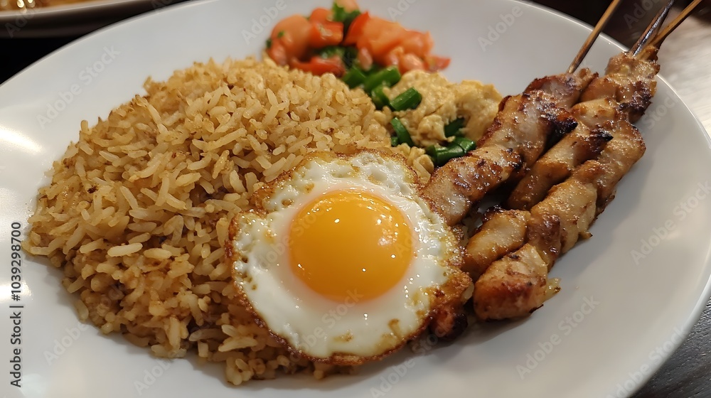 A serving of Indonesian nasi goreng, with fried rice, a fried egg, and chicken satay.


