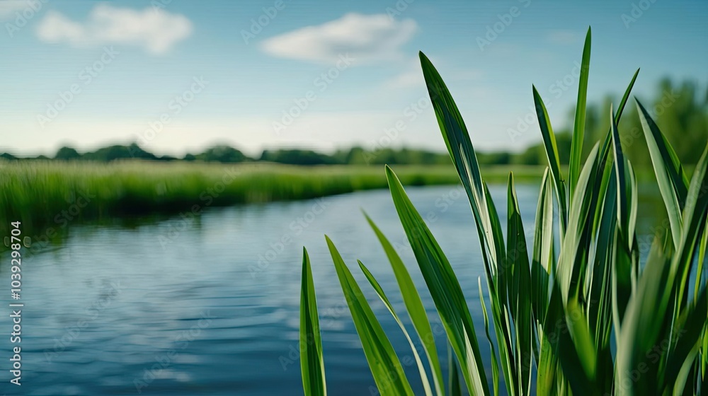 Green grass by the calm river under a clear blue sky, peaceful nature scene. Green grass by the calm river under a clear blue sky, peaceful nature scene.