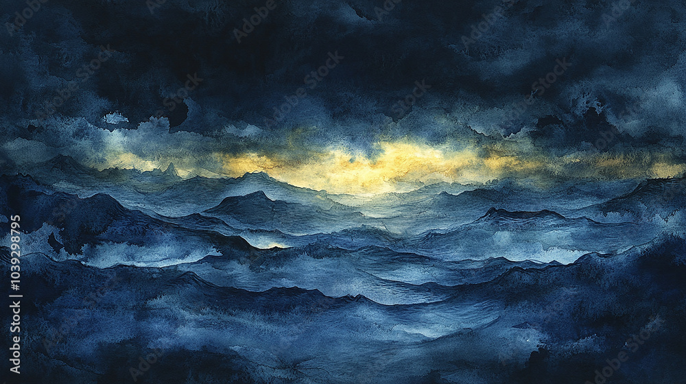 Night ocean watercolor background in dark hues