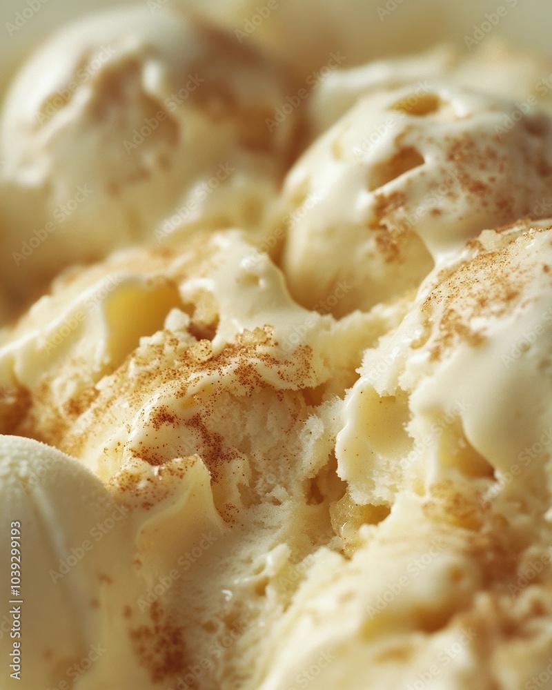 Apple pie ice cream, featuring tender cinammon spiced apples, fall dessert closeup
