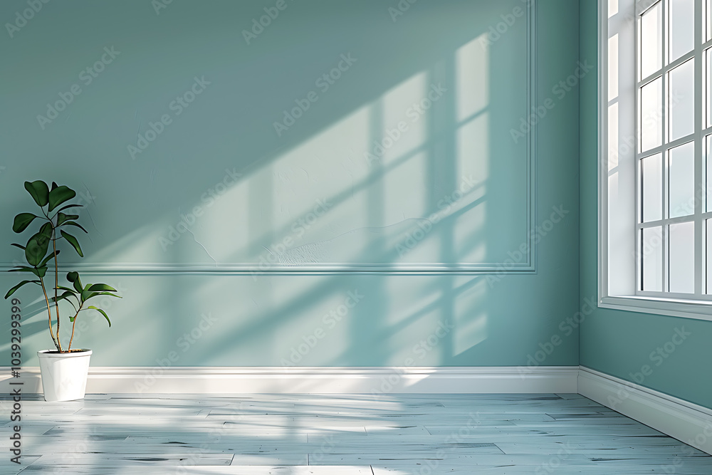 A single potted plant sits in the corner of a room with light blue walls and white trim. Sunlight streams through the window, casting long shadows on the walls and floor. A single potted plant sits in the corner of a room with light blue walls and white trim. Sunlight streams through the window, casting long shadows on the walls and floor.